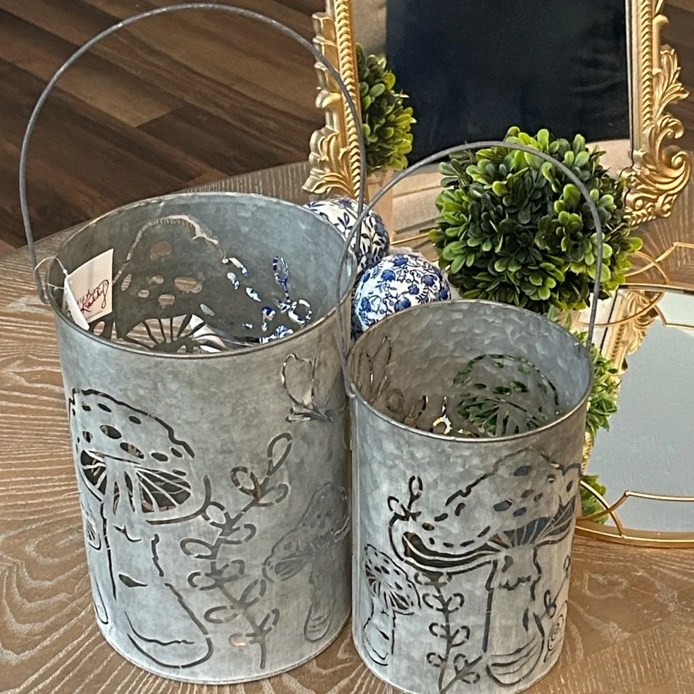 NEW! LARGE Cottage Garden Mushroom & Butterfly Rustic Galvanized Metal Lantern